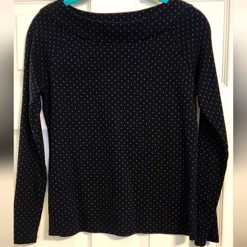 Long sleeved blue polka dot shirt